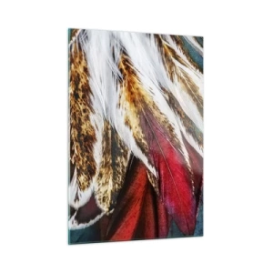 Impression sur verre - Image sur verre - Plumes colorées dans une riche palette de couleurs avec une texture distincte - 50x70cm - Secrets de vol - Décoration murale moderne pour le salon et la chambre ARTTOR