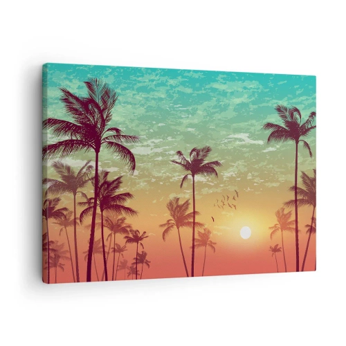 Impression sur toile - Image sur toile - Coucher de soleil avec des palmiers sur un ciel coloré - 70x50cm - Ambiance tropicale - Décoration murale moderne pour le salon et la chambre ARTTOR