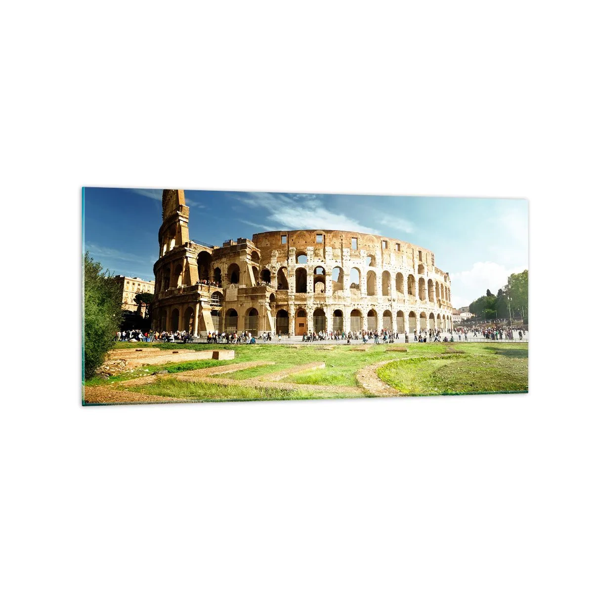 Impression sur verre - Image sur verre - Le Colisée de Rome entouré de verdure et de ciel bleu - 120x50cm - On entend encore la détonation de l'arme - Décoration murale moderne pour le salon et la chambre ARTTOR