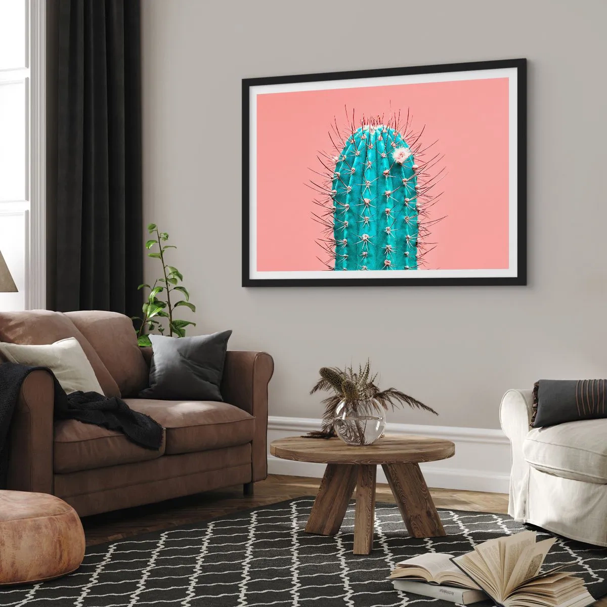 Affiche dans un cadre noir - Poster - Une interprétation artistique d'un cactus sur fond rose - 70x50cm - Juste regarde - Décoration murale moderne pour le salon et la chambre ARTTOR