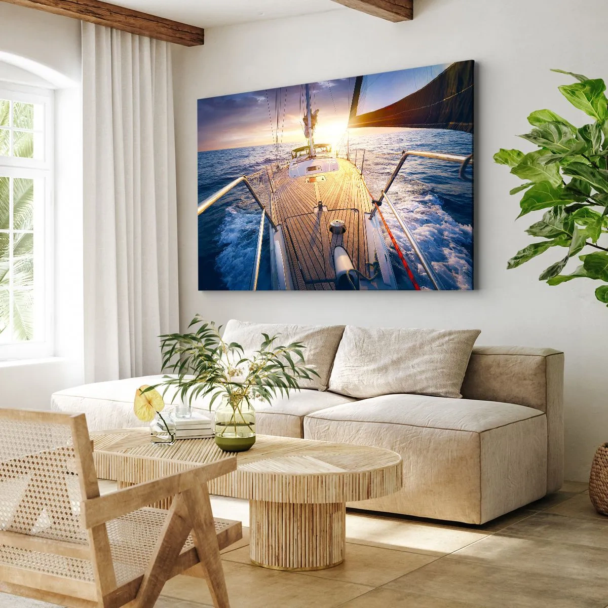 Impression sur toile - Image sur toile - Yacht en mer au coucher du soleil - 120x80cm - Courir sur les vagues - Décoration murale moderne pour le salon et la chambre ARTTOR