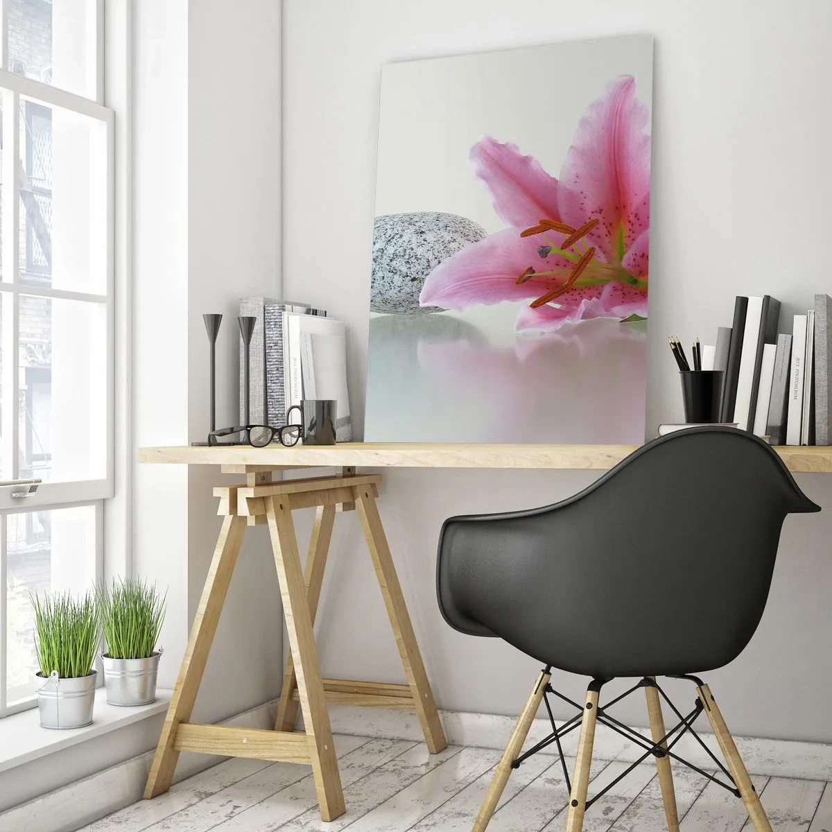 Impression sur verre - Image sur verre - Lys rose sur fond de pierres blanches dans un style spa - 50x70cm - Étude de rose, gris et blanc - Décoration murale moderne pour le salon et la chambre ARTTOR