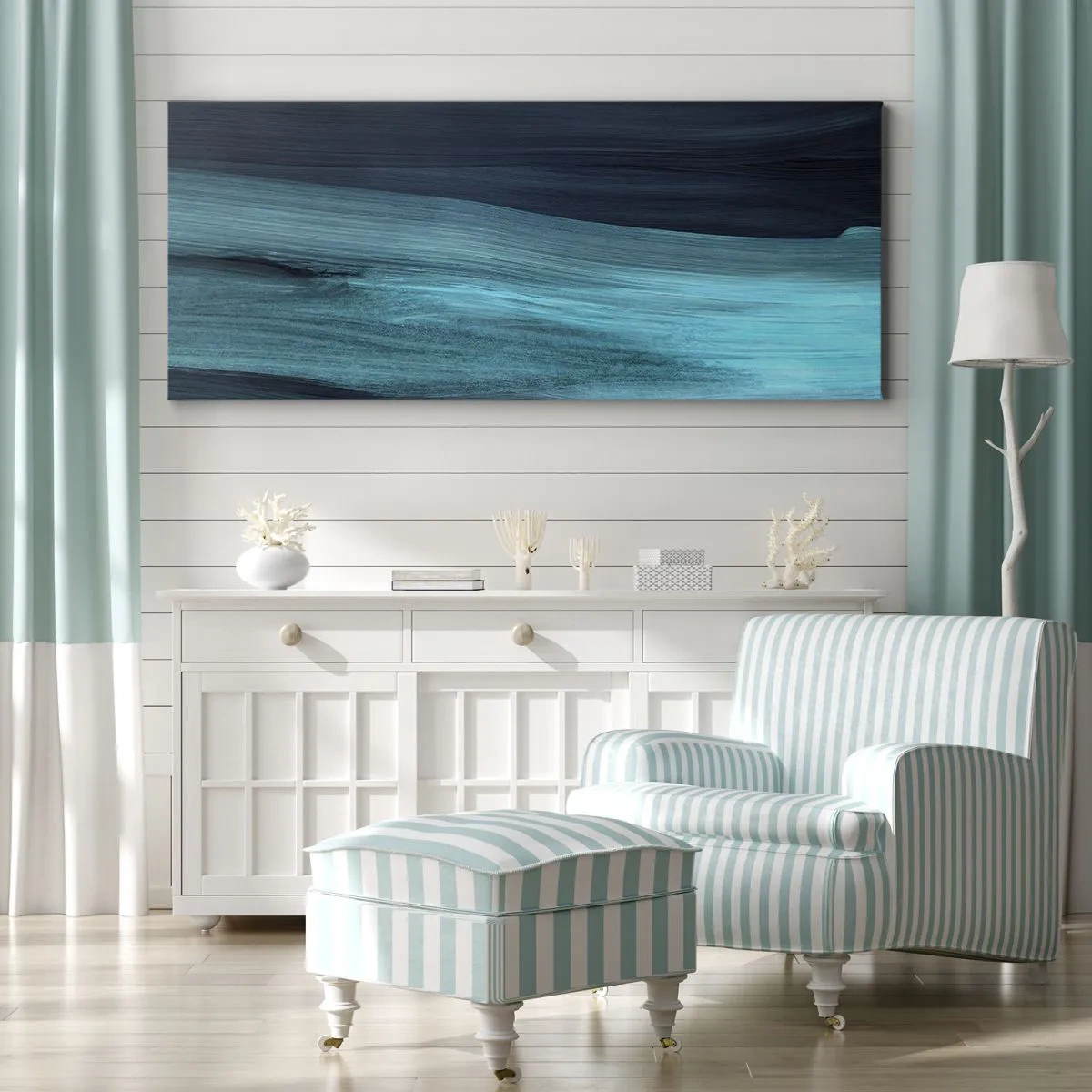 Impression sur toile - Image sur toile - De subtiles vagues abstraites dans des tons bleus foncés - 120x50cm - Suivez le courant - Décoration murale moderne pour le salon et la chambre ARTTOR