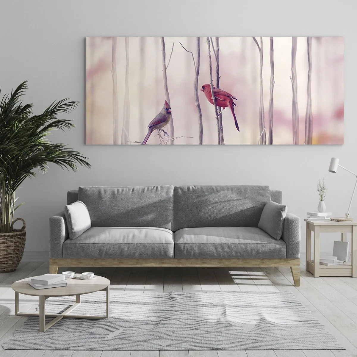 Impression sur verre - Image sur verre - Un couple de cardinaux perchés sur des branches dans un paysage pastel - 120x50cm - Conte de la forêt rose - Décoration murale moderne pour le salon et la chambre ARTTOR