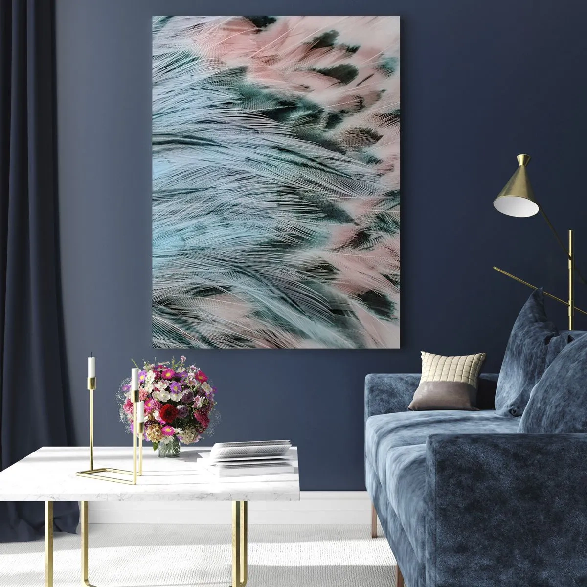 Impression sur verre - Image sur verre - Gros plan de plumes aux couleurs rose saphir pastel - 80x120cm - Duvet rose saphir - Décoration murale moderne pour le salon et la chambre ARTTOR