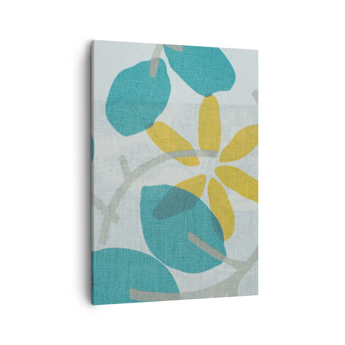 Impression sur toile - Image sur toile - Feuilles aux tons turquoise et jaune sur fond clair - 50x70cm - Wśród lazurowych liści - Décoration murale moderne pour le salon et la chambre ARTTOR