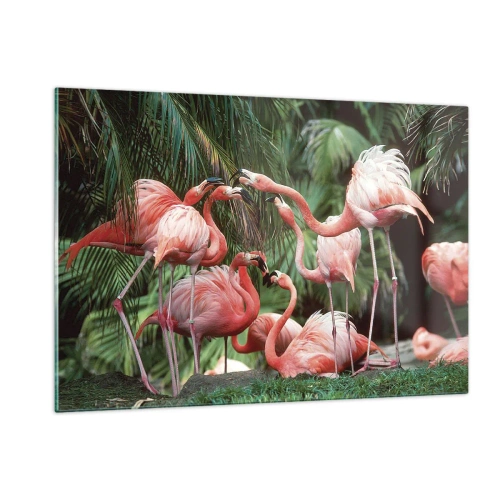 Impression sur verre - Image sur verre - Flamants roses parmi la végétation tropicale aux couleurs vives - 120x80cm - Potins d'après-midi - Décoration murale moderne pour le salon et la chambre ARTTOR