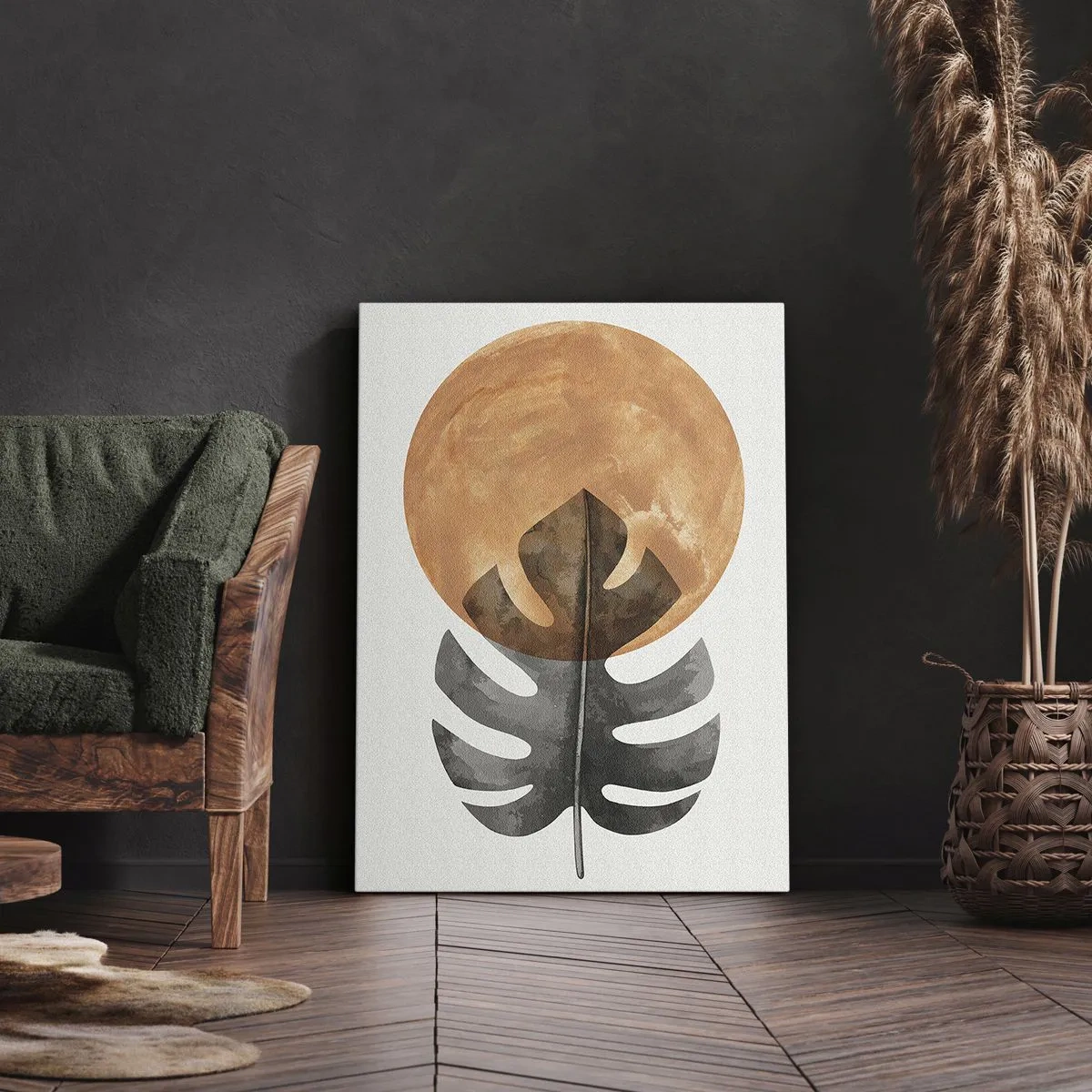 Impression sur toile - Image sur toile - Feuille de Monstera et cercle doré sur fond clair - 50x70cm - Toujours le soleil - Décoration murale moderne pour le salon et la chambre ARTTOR