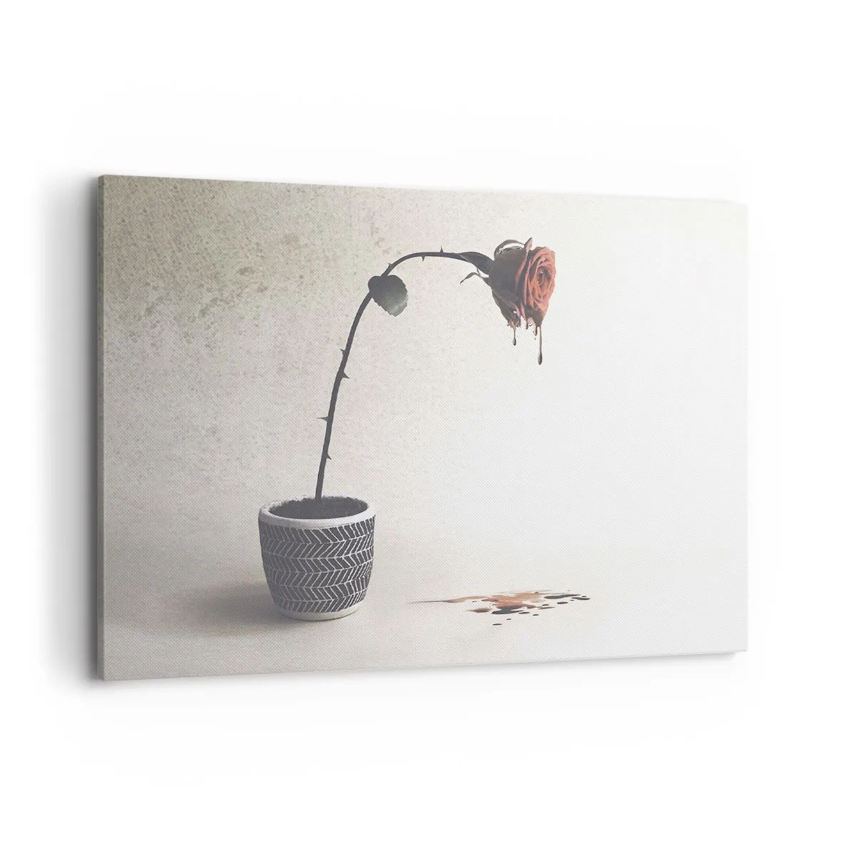 Impression sur toile - Image sur toile - Une rose rouge dans un pot avec des gouttes de colorant sur un fond blanc - 100x70cm - Rosa dolorosa - Décoration murale moderne pour le salon et la chambre ARTTOR