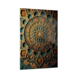 Impression sur verre - Image sur verre - Un mandala doré sur fond turquoise avec des détails riches. - 70x100cm - Dans une ambiance arabe - Décoration murale moderne pour le salon et la chambre ARTTOR