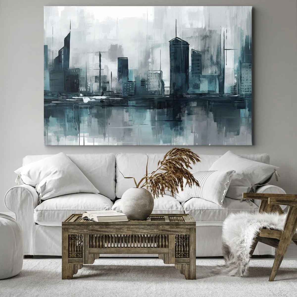 Impression sur toile - Image sur toile - Une ville moderne aux tons turquoise et gris - 70x50cm - Une ville couleur de pluie - Décoration murale moderne pour le salon et la chambre ARTTOR