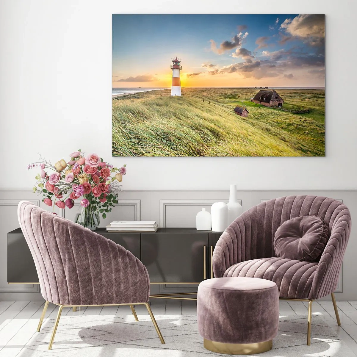 Impression sur verre - Image sur verre - Un phare au soleil couchant sur une mer agitée - 100x70cm - Entre les vagues - Décoration murale moderne pour le salon et la chambre ARTTOR