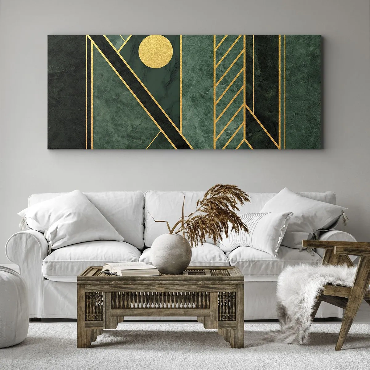 Impression sur toile - Image sur toile - Design géométrique vert et or avec un motif élégant - 160x50cm - Dynamique or et azur - Décoration murale moderne pour le salon et la chambre ARTTOR