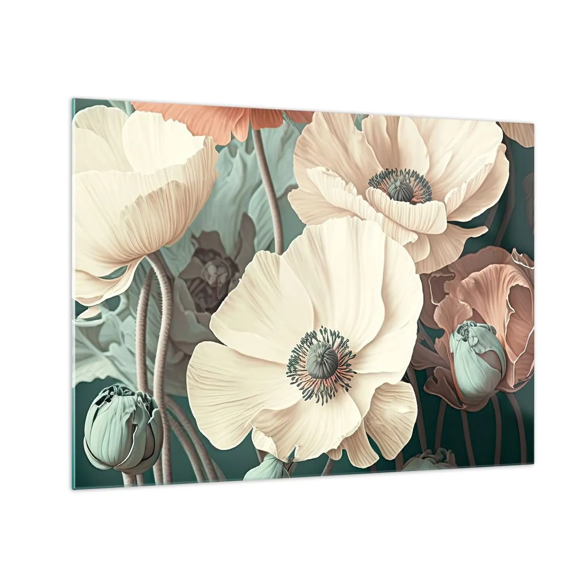 Impression sur verre - Image sur verre - Délicates crèmes et coquelicots saumonés sur fond sombre - 70x50cm - Le murmure des coquelicots - Décoration murale moderne pour le salon et la chambre ARTTOR