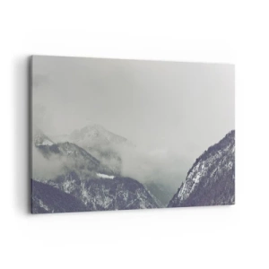 Impression sur toile - Image sur toile - Une vallée de montagne enveloppée de brume dans des nuances de gris - 100x70cm - Vallée brumeuse - Décoration murale moderne pour le salon et la chambre ARTTOR