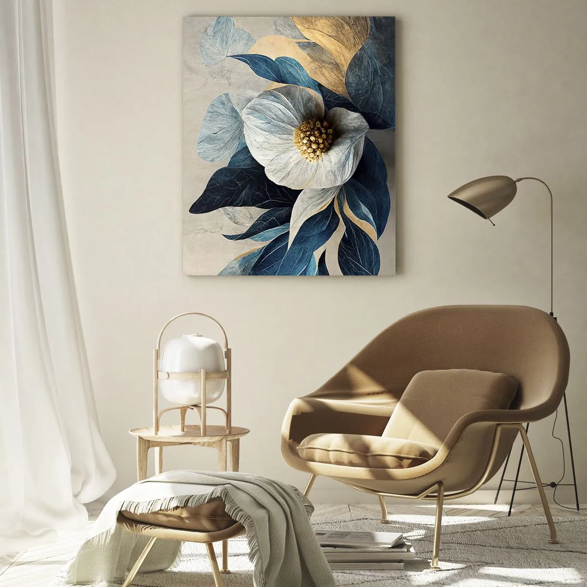 Impression sur verre - Image sur verre - Une composition florale blanche avec des feuilles bleu marine et un centre doré - 50x70cm - Il a un coeur d'or - Décoration murale moderne pour le salon et la chambre ARTTOR