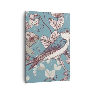 Impression sur toile - Image sur toile - Un oiseau sur une branche dans un style floral délicat - 70x100cm - Dans le bois blanc du rouge et de l'argent - Décoration murale moderne pour le salon et la chambre ARTTOR