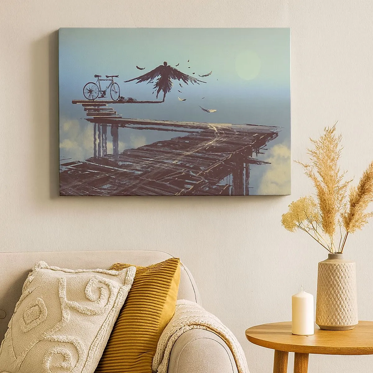 Impression sur toile - Image sur toile - Une silhouette avec des plumes plane au-dessus d'un pont en bois à côté d'un vélo. - 70x50cm - Icare est toujours vivant - Décoration murale moderne pour le salon et la chambre ARTTOR