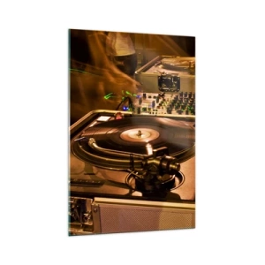 Impression sur verre - Image sur verre - Équipement DJ avec platine et table de mixage lors d'une fête - 70x100cm - Sentez-vous cette force? - Décoration murale moderne pour le salon et la chambre ARTTOR