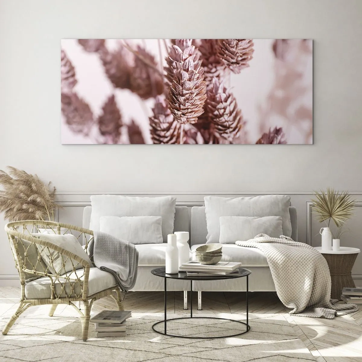 Impression sur verre - Image sur verre - Gros plan sur les délicats épis roses des graminées ornementales - 120x50cm - Apparemment discret - Décoration murale moderne pour le salon et la chambre ARTTOR