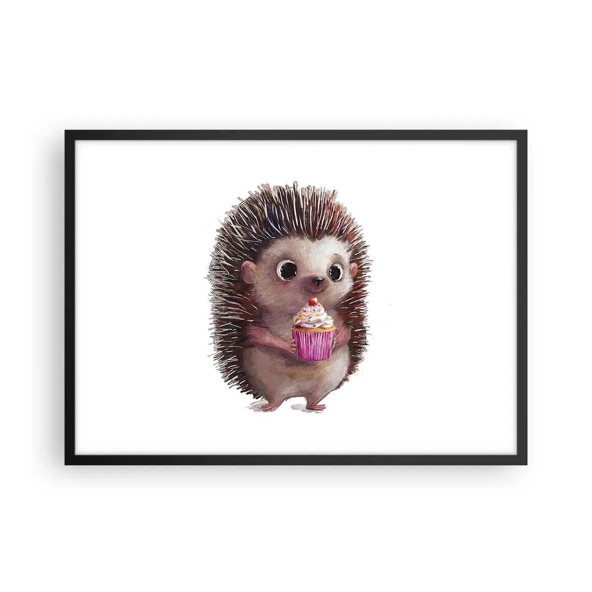 Affiche dans un cadre noir - Poster - Un hérisson mignon avec un cupcake - 70x50cm - La fête c'est tous les jours - Décoration murale moderne pour le salon et la chambre ARTTOR