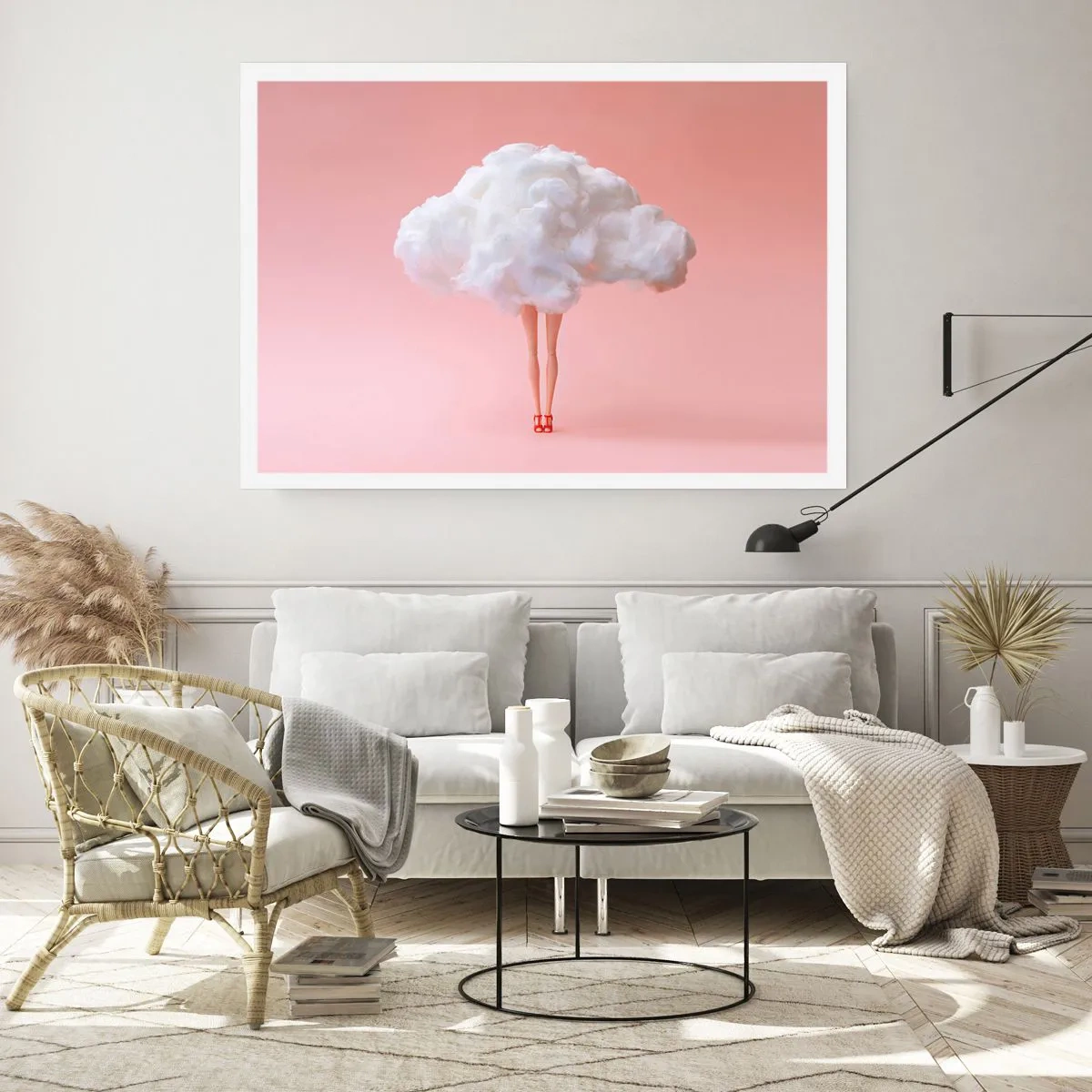 Affiche - Poster - Jambes dans un nuage sur fond rose - 100x70cm - Douce promesse - Décoration murale moderne pour le salon et la chambre ARTTOR
