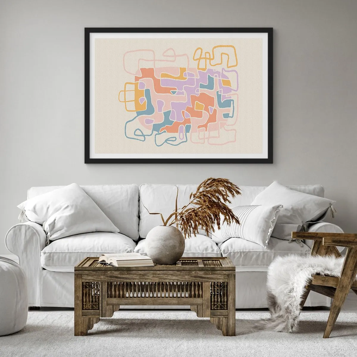 Affiche dans un cadre noir - Poster - Lignes abstraites pastel créant des motifs géométriques - 70x50cm - Labyrinthe – une aventure joyeuse - Décoration murale moderne pour le salon et la chambre ARTTOR