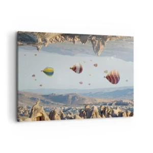Impression sur toile - Image sur toile - Ballons colorés au-dessus d'un paysage rocheux - 100x70cm - Ici, tout est possible - Décoration murale moderne pour le salon et la chambre ARTTOR