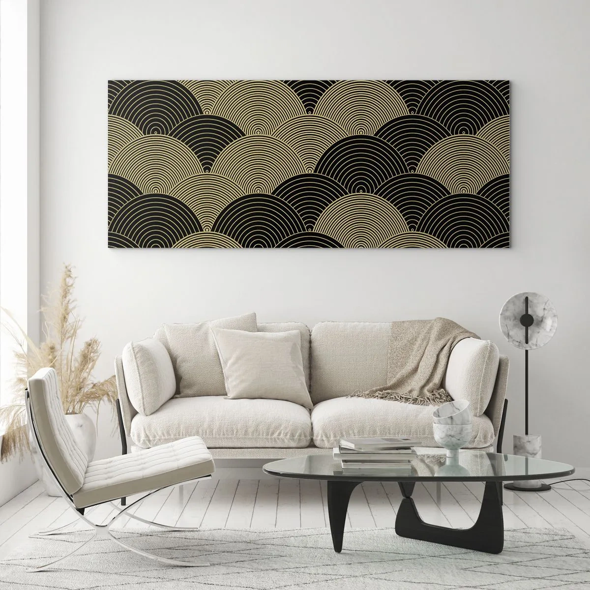 Impression sur verre - Image sur verre - Motif Art Déco avec demi-cercles et lignes dorées - 140x50cm - Unité dans la multiplicité - Décoration murale moderne pour le salon et la chambre ARTTOR