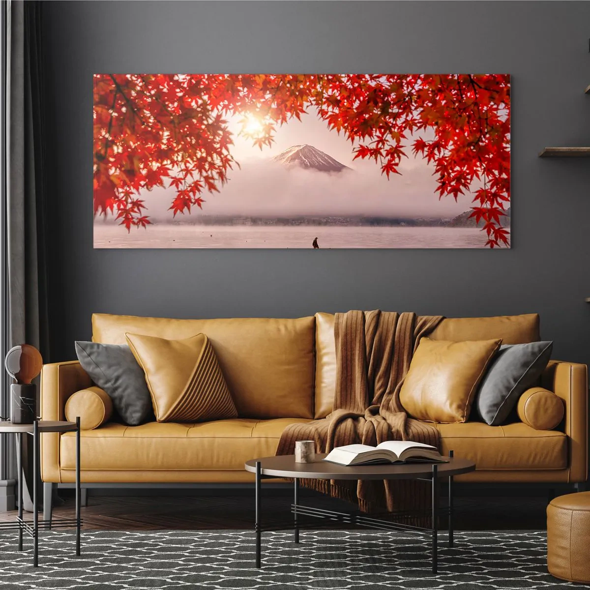 Impression sur verre - Image sur verre - Un bateau sur un lac entouré de feuilles d'érable rouges - 120x50cm - Dans le climat japonais - Décoration murale moderne pour le salon et la chambre ARTTOR