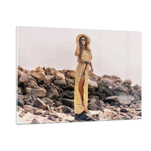 Impression sur verre - Image sur verre - Une femme dans une robe de style bohème contre un rivage rocheux - 120x80cm - La magie des pierres - Décoration murale moderne pour le salon et la chambre ARTTOR