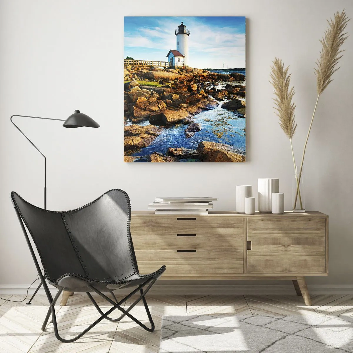 Impression sur verre - Image sur verre - Un phare sur une côte rocheuse par une journée ensoleillée - 80x120cm - Revenez heureux, j'attends - Décoration murale moderne pour le salon et la chambre ARTTOR