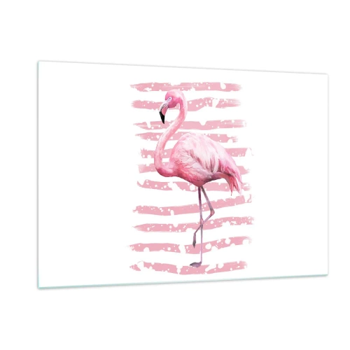 Impression sur verre - Image sur verre - Un flamant rose sur un fond de rayures roses artistiques. - 120x80cm - Avec dignité, bien qu'en rose - Décoration murale moderne pour le salon et la chambre ARTTOR