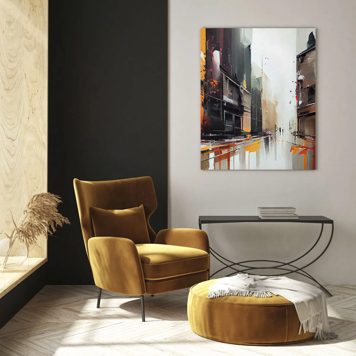 Impression sur verre - Image sur verre - Une rue sous la pluie avec de grands immeubles aux couleurs chaudes - 50x70cm - Jour de pluie - Décoration murale moderne pour le salon et la chambre ARTTOR