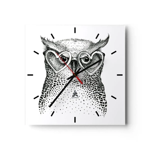 Horloge murale - Pendule murale - Graphique élégant d'un hibou portant des lunettes en forme de cœur - 30x30cm - Sagement et avec amour - Décoration murale moderne pour le salon et la chambre ARTTOR