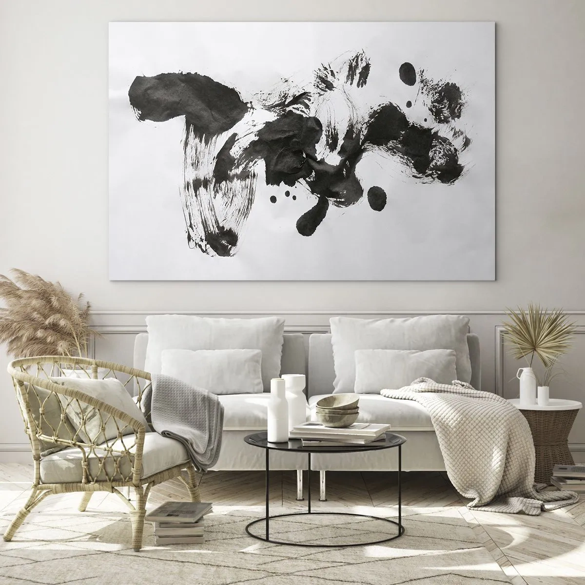 Impression sur verre - Image sur verre - Tache noire abstraite et coups de pinceau sur fond blanc - 70x50cm - De la méthode dans la folie ? - Décoration murale moderne pour le salon et la chambre ARTTOR