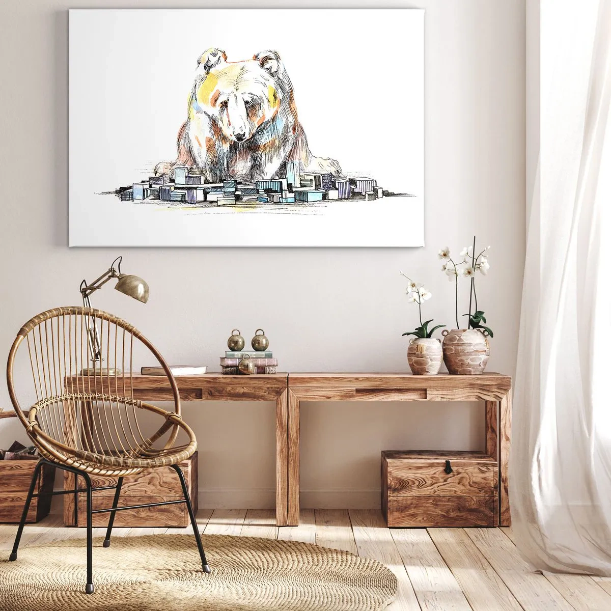 Impression sur toile - Image sur toile - Illustration d'un ours avec des détails et des blocs colorés - 70x50cm - Comment peut-on vivre ainsi ? - Décoration murale moderne pour le salon et la chambre ARTTOR