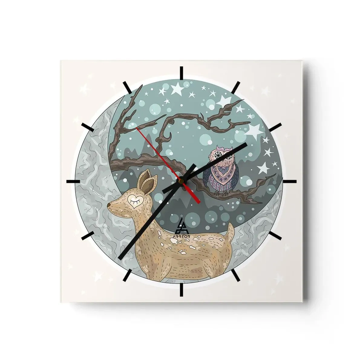 Horloge murale - Pendule murale - Un cerf et un hibou dans un paysage nocturne de conte de fées - 30x30cm - Une nuit de conte de fées en forêt  - Décoration murale moderne pour le salon et la chambre ARTTOR