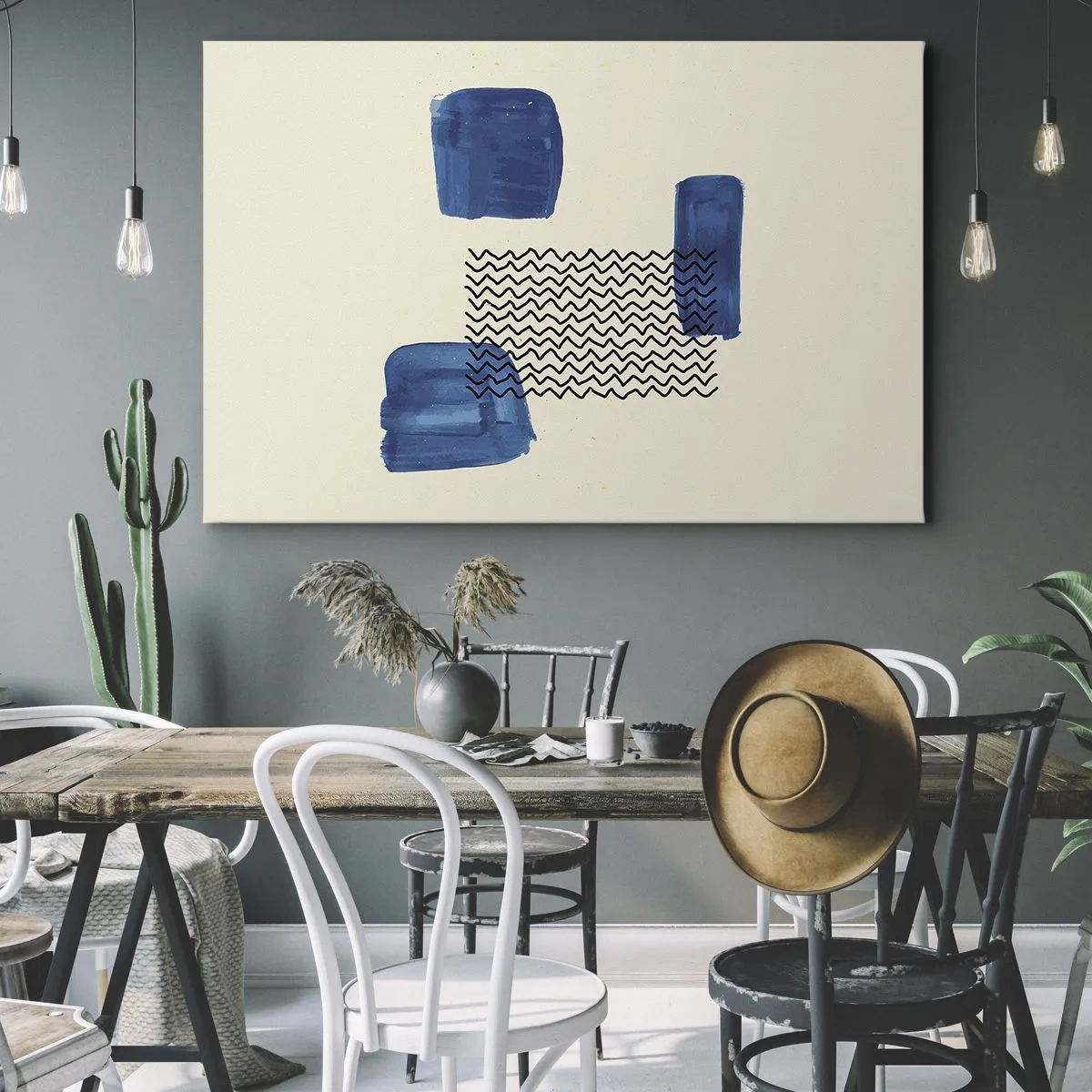 Impression sur toile - Image sur toile - Composition abstraite avec des taches bleues et des lignes ondulées - 70x50cm - Quatuor abstrait - Décoration murale moderne pour le salon et la chambre ARTTOR