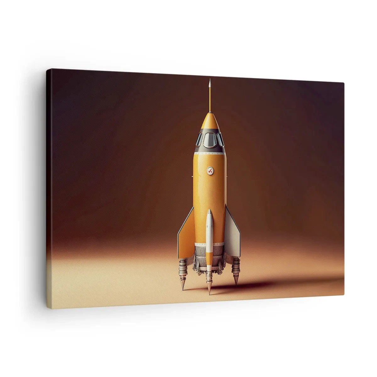 Impression sur toile - Image sur toile - Une fusée de style rétro sur un fond de tons marron - 70x50cm - Ça commence par un rêve - Décoration murale moderne pour le salon et la chambre ARTTOR