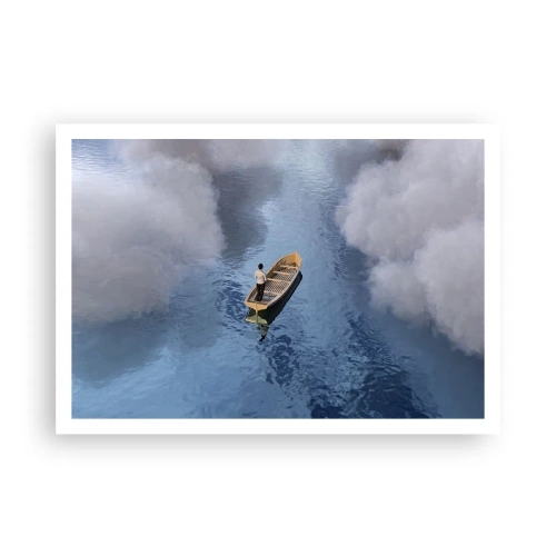 Affiche - Poster - Un homme dans un bateau sur une mer calme entourée de nuages - 100x70cm - Vie – voyage – inconnu - Décoration murale moderne pour le salon et la chambre ARTTOR