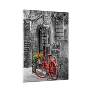 Impression sur verre - Image sur verre - Rue en noir et blanc avec un vélo rouge - 50x70cm - Ruelle toscane - Décoration murale moderne pour le salon et la chambre ARTTOR