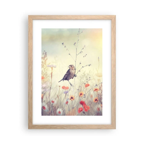 Affiche dans un chêne clair - Poster - Portrait d'oiseau sur pré en fond - 30x40 cm