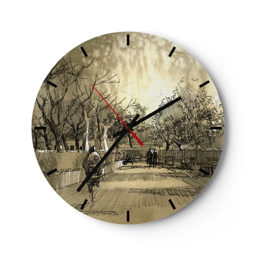 Horloge murale - Pendule murale - Croquis d'une promenade dans un parc avec des sentiers et des arbres - 30x30cm - Un moment arrêté avec une plume - Décoration murale moderne pour le salon, la cuisine et la chambre ARTTOR