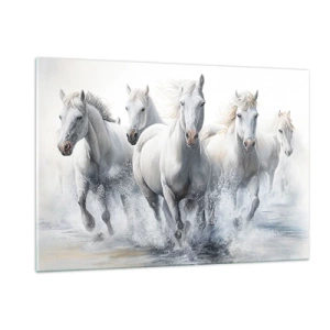 Impression sur verre - Image sur verre - Chevaux blancs galopant dans l'eau dans une composition dynamique - 120x80cm - Magie blanche - Décoration murale moderne pour le salon et la chambre ARTTOR