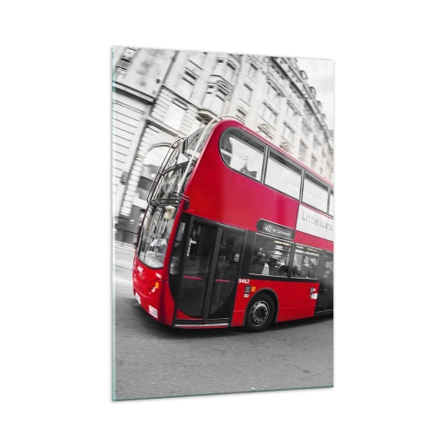 Impression sur verre - Image sur verre - Un bus rouge en mouvement sur fond de rues de Londres - 50x70cm - Londres traditionnellement - en bus - Décoration murale moderne pour le salon et la chambre ARTTOR