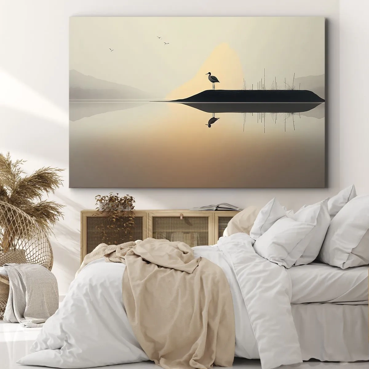 Impression sur toile - Image sur toile - Un oiseau sur une île dans un lac calme aux teintes chaudes - 70x50cm - Le seigneur du lac - Décoration murale moderne pour le salon et la chambre ARTTOR