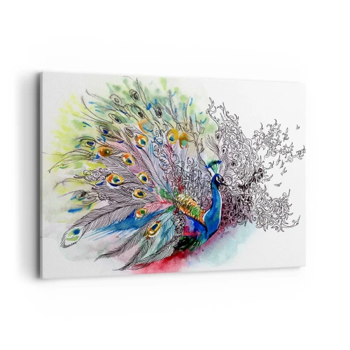 Impression sur toile - Image sur toile - Un paon dans un style aquarelle coloré avec des plumes abstraites - 120x80cm - Avec fierté contre la grisaille - Décoration murale moderne pour le salon et la chambre ARTTOR