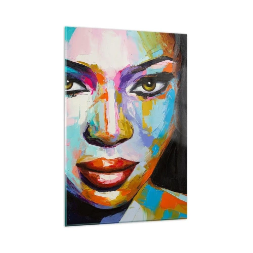 Impression sur verre - Image sur verre - Un portrait coloré d'une femme au regard intense - 80x120cm - Il est impossible de le quitter les yeux - Décoration murale moderne pour le salon et la chambre ARTTOR