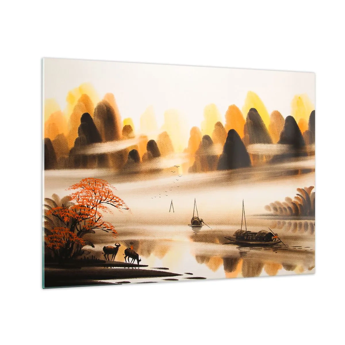 Impression sur verre - Image sur verre - Paysage oriental avec bateaux et montagnes dans le brouillard - 70x50cm - Plus loin que l'Extrême-Orient - Décoration murale moderne pour le salon et la chambre ARTTOR